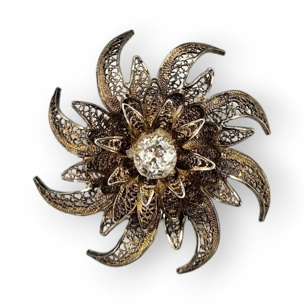 Vintage Flower Sterling Filigree Brooch Vermeil Rhinestone Portugal 925 Silver